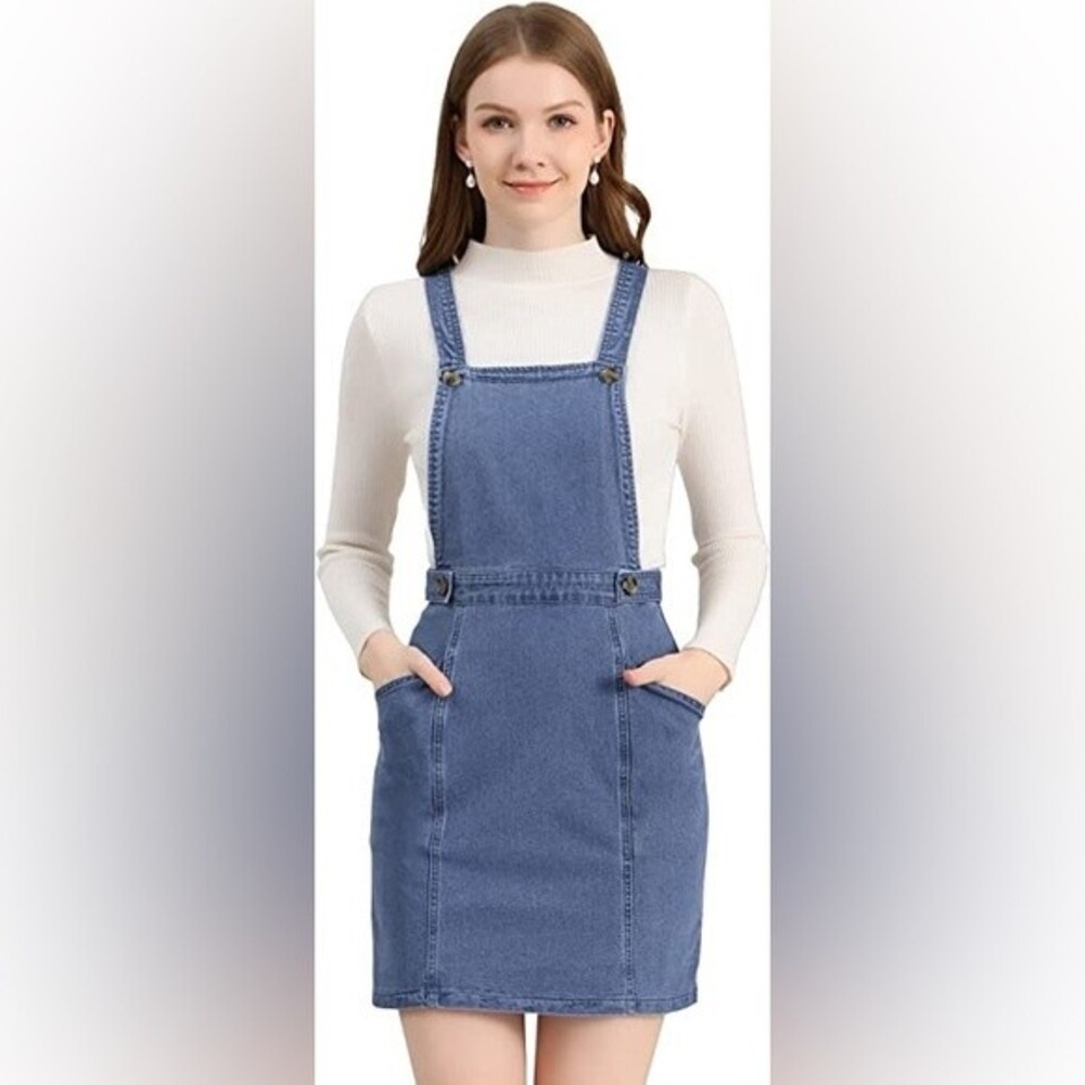 Allegra K Women's Classic Denim Adjustable Strap Pinafore Overall Dress size M